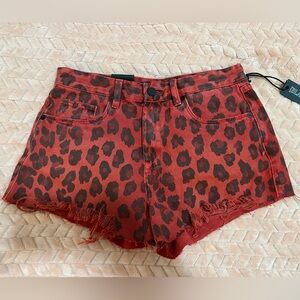 BlankNYC The Barrow Vintage High Rise Red Denim Black Leopard Raw Hem NWT 27